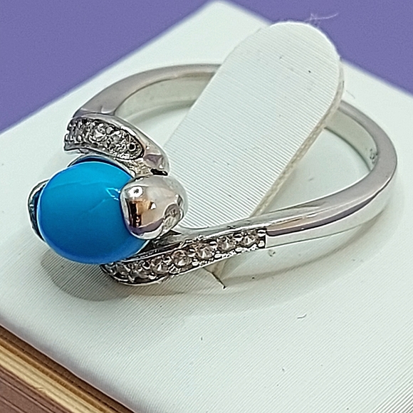 Natural Oval Blue Turquoise 8x6mm & Cz 925 Sterling Silver Ring 6 - Picture 6 of 11